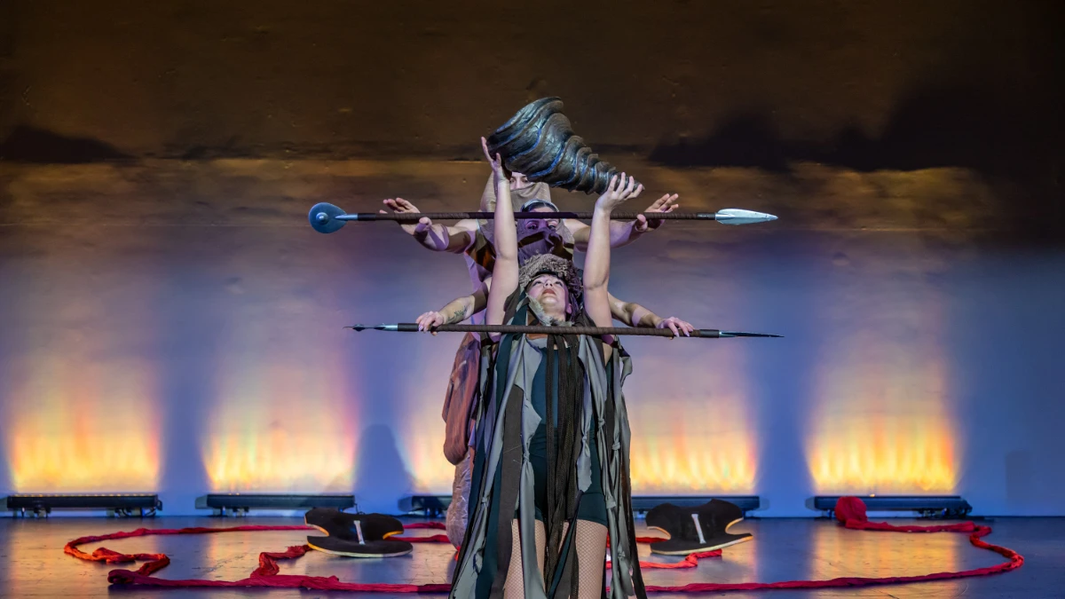 Amalthea the sacred goat nurturing Zeus, portrayed through symbolic dance and ritual movement on stage