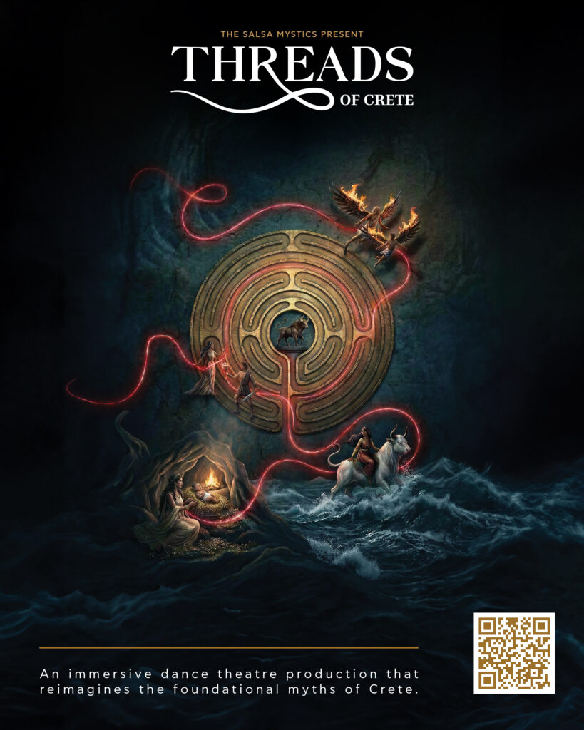 Threads of Crete Cretan mythology dance performance poster with Labyrinth and red thread
